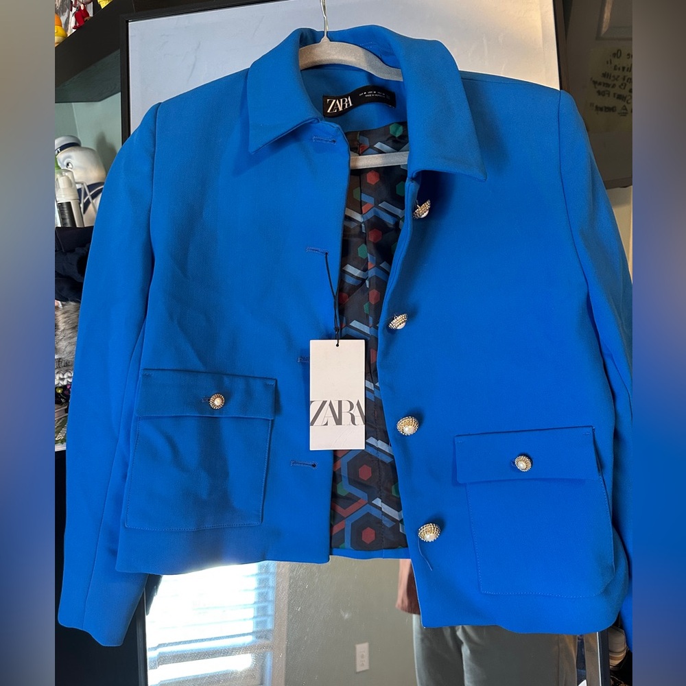 NWT Zara Cropped Royal Blue Pearl Button Down Blazer - Picture 2 of 13